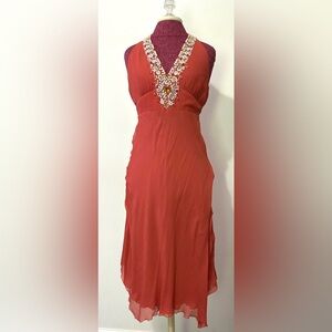 Y2K Nicole Miller Silk Dress Size 6 Coral‎ Pink Beaded Halter Fairy Asymmetrical